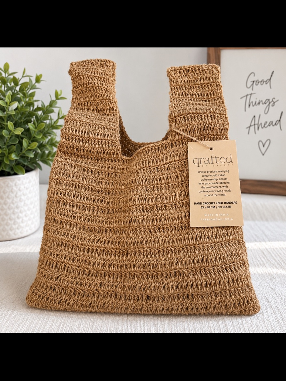 Qrafted by Qalara Hand Crochet Knot Handbag Natural Jute Tan Boho